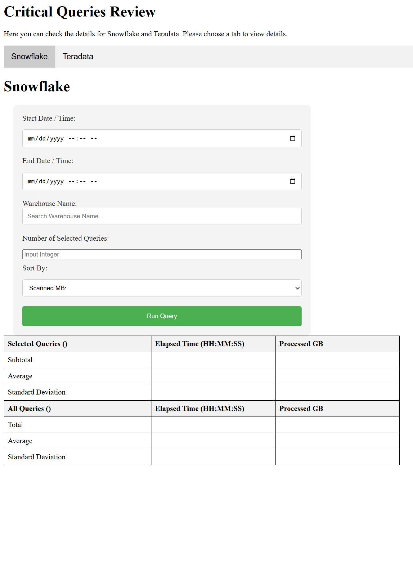BEZNext Snowflake Query Dashboard