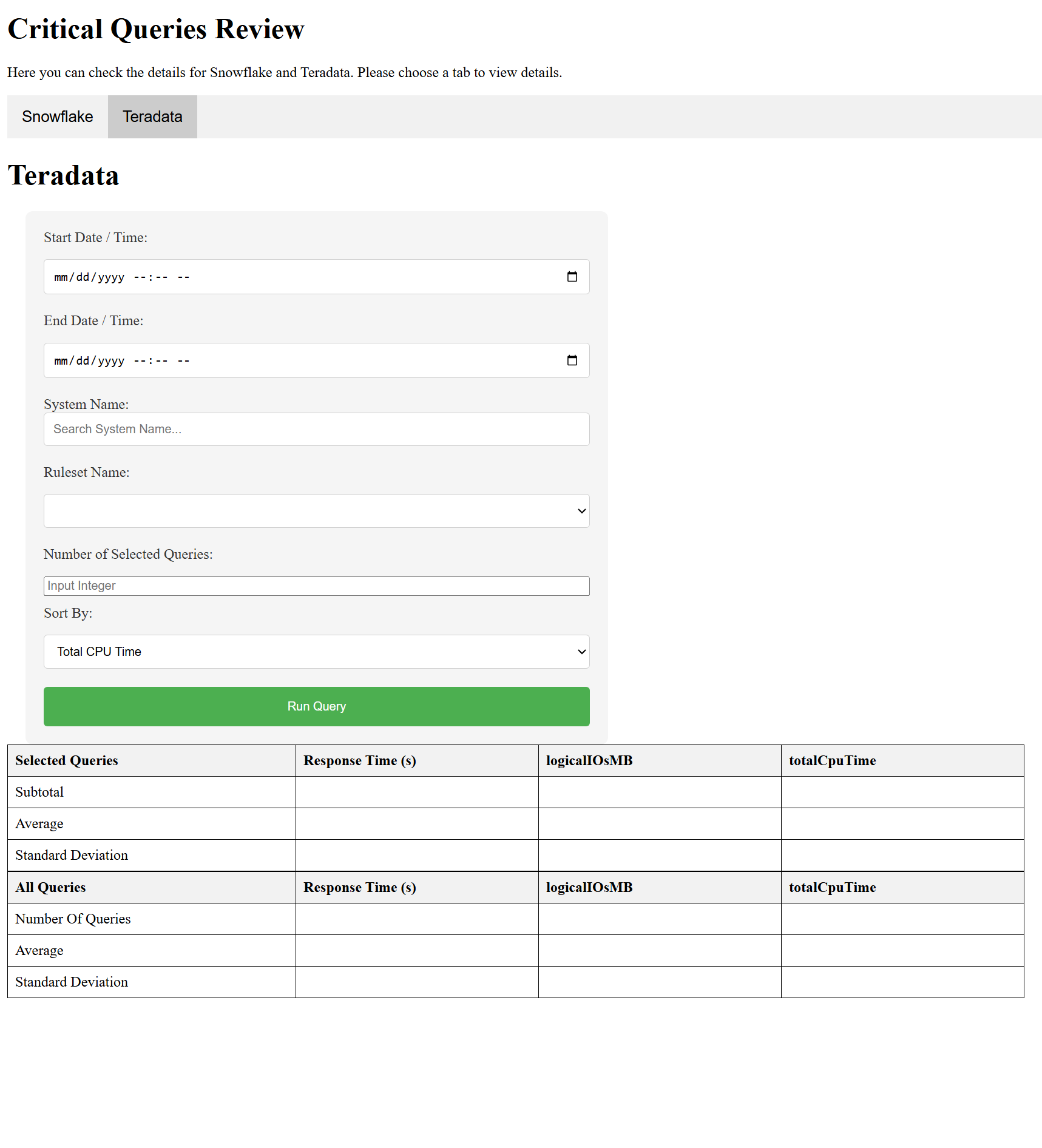 BEZNext Teradata Query Dashboard