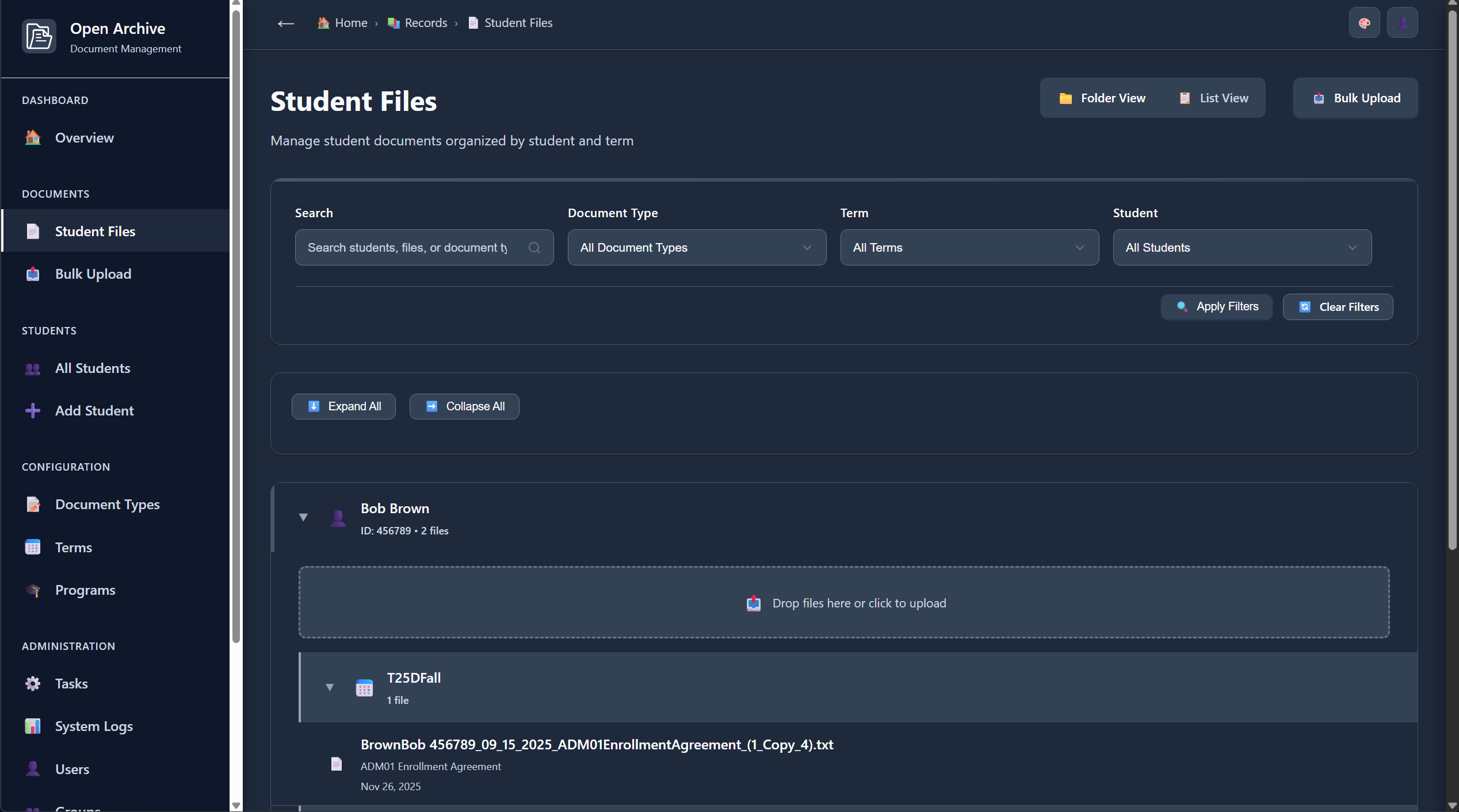 Open Archive Student Files Folder View