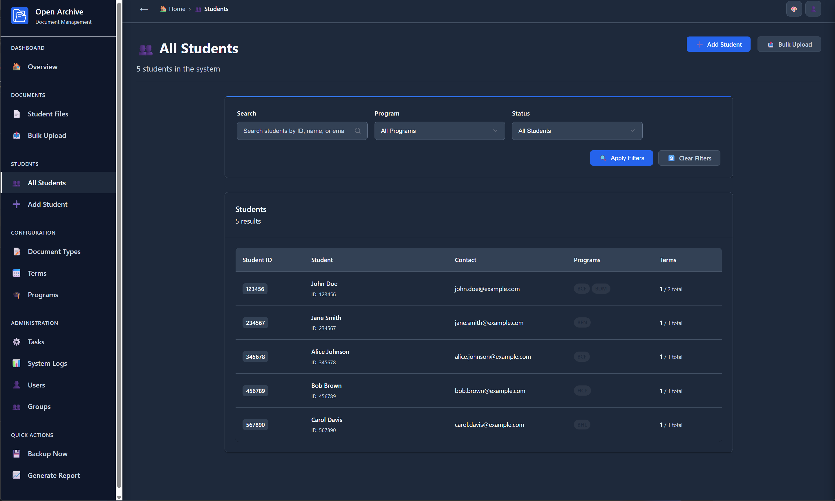 Open Archive Students Screen
