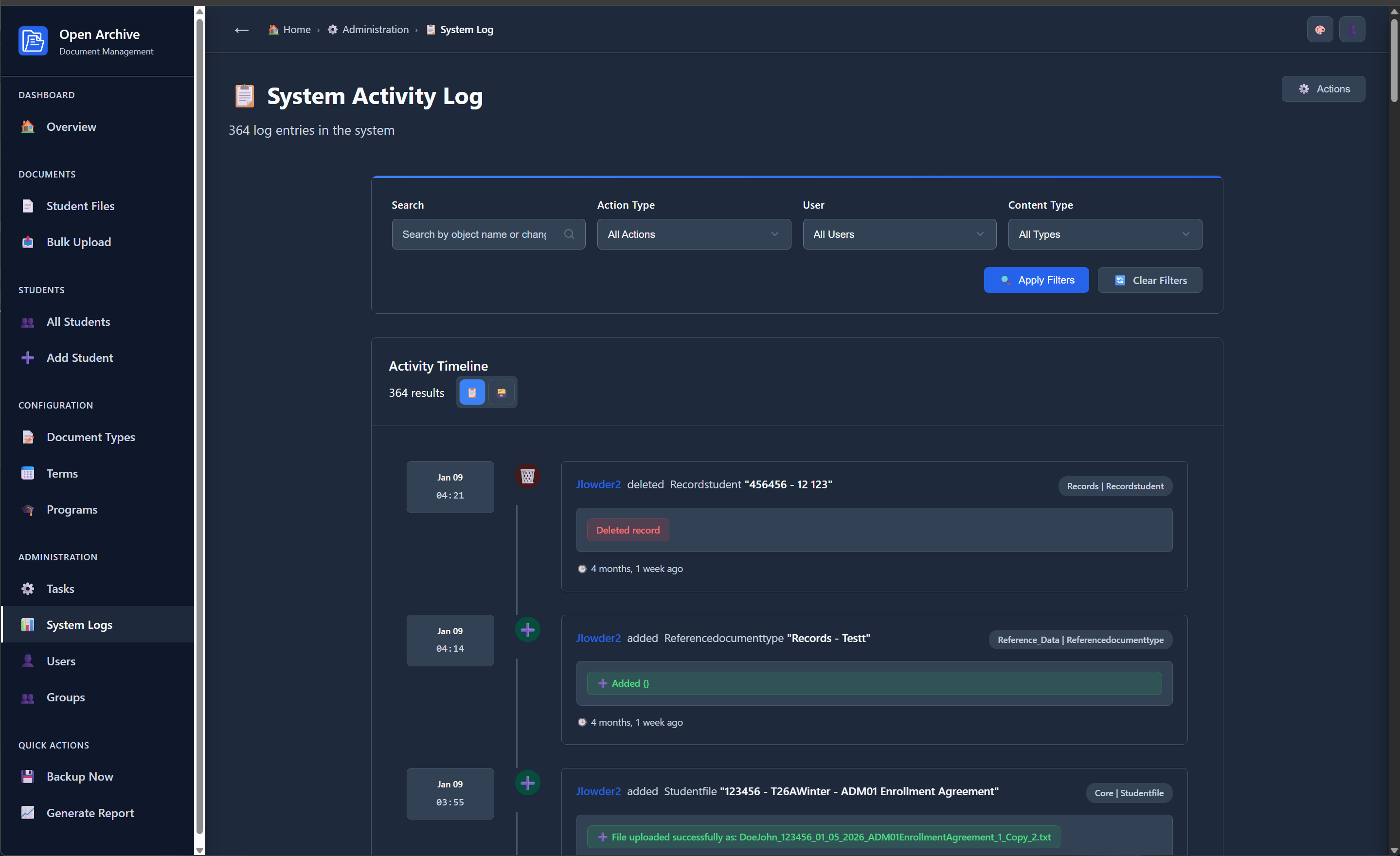 Open Archive System Activity Log